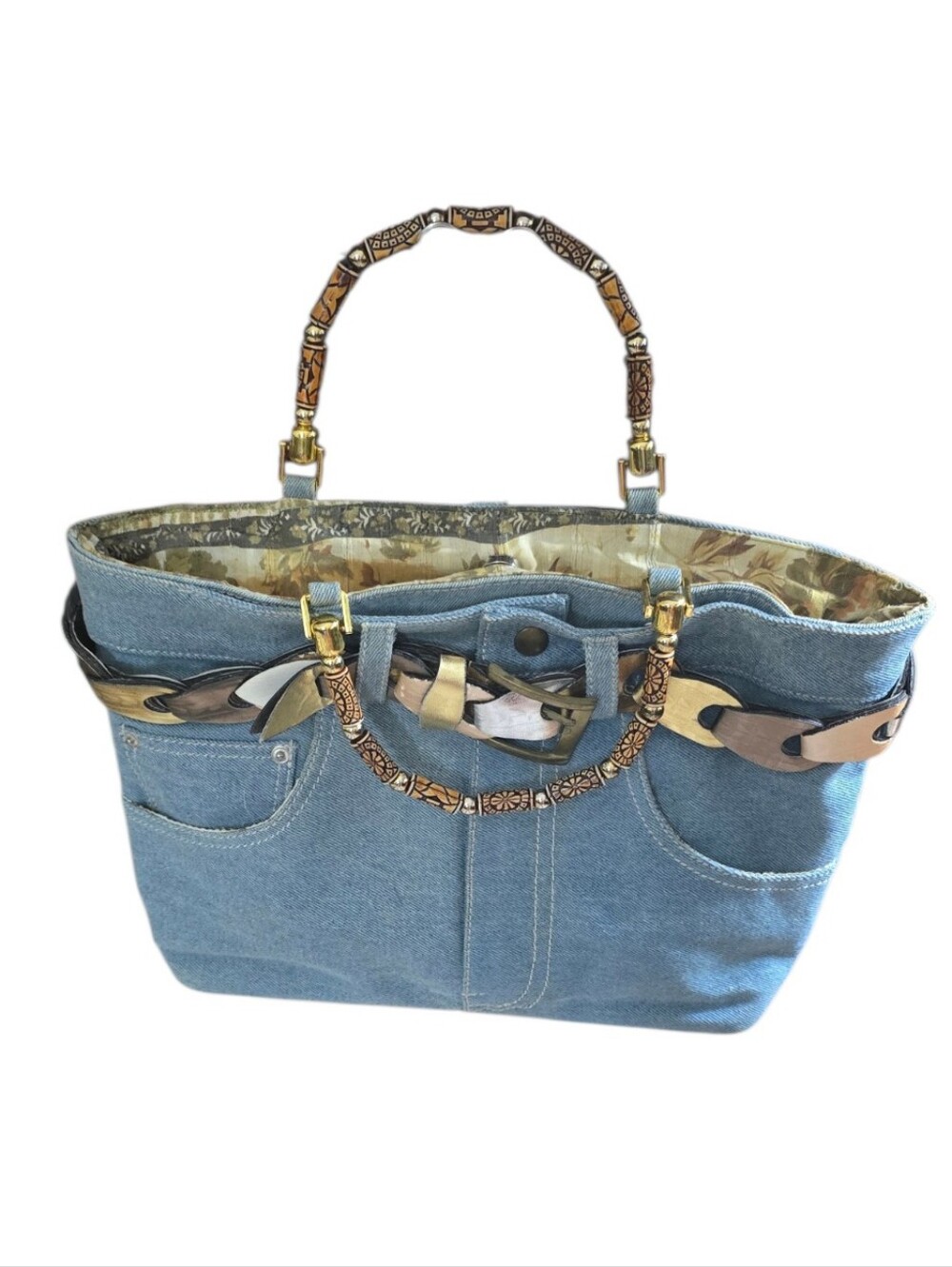 Braciano Denim Jean Handbag Purse Beaded Handles Belt Detail Y2K Boho